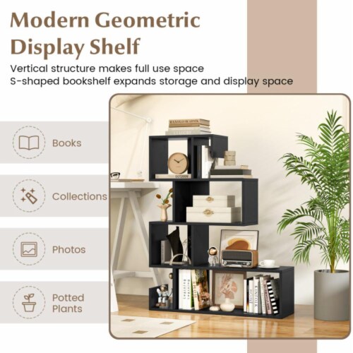 Hivvago 5-Tier S-Shaped Bookshelf Geometric Z-Shelf Bookcase with Open Cubes-Black Perspective: top