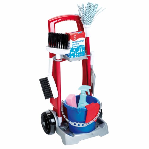 Theo Klein 11 Piece Kids Pretend Play Cleaning Cart Set w Mop