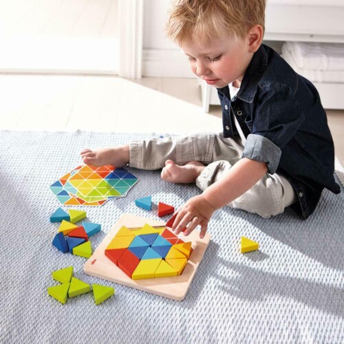 HABA Arranging Game Magical Pyramids - 36 Triangular Wooden Tiles with Templates Perspective: top