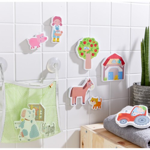 HABA Farm Puzzle In Net - 10 Piece Bath Toy with Suction Cup Storage Net Perspective: top