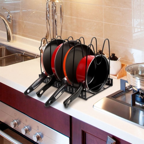 Vdomus Adjustable Pots and Pans Rack for Kitchen, Pan and Pot Lid Holder Black Metal (Black) Perspective: top