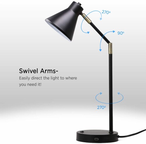 ATAYAL OB LED Desk Lamp USB Charging Port, 270° Swivel Arms Soft White Reading Light, Black Perspective: top