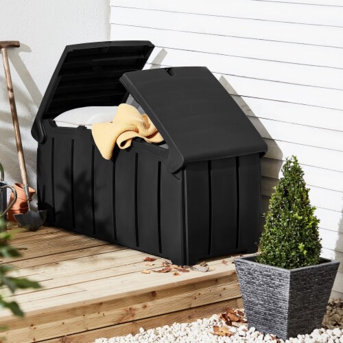 Strata Products Outdoor 85 Gallon Garden Storage Box with Double Door Lid, Black Perspective: top