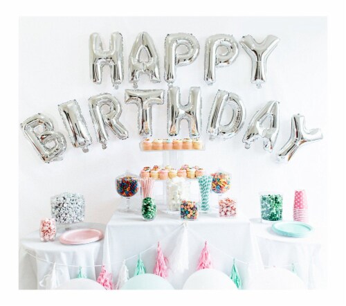 16  Silver Happy Birthday Balloons Party Inflatable Banner Decorations Gifts Perspective: top