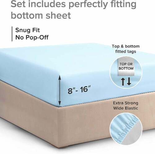 CGK Linens 14 to 16 Inch 400 Thread Count 100% Cotton Queen Size Fitted Sheet - Light Blue Perspective: top