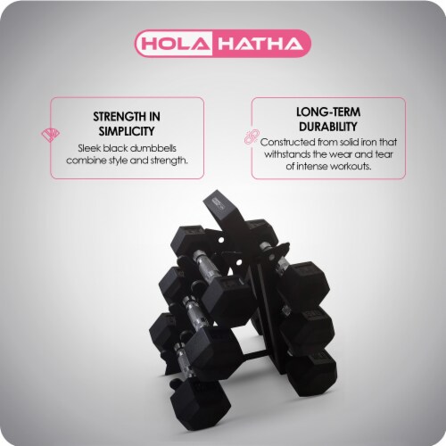 HolaHatha Hexagonal Dumbbell Free Hand Weight Set w Rack 5 8