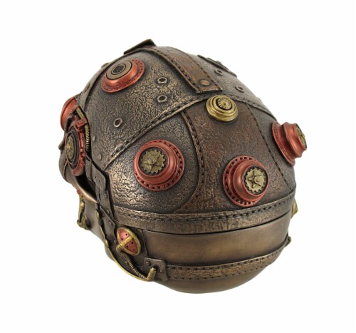 Veronese Design - Bronze Finish Leather Look Gearhead Steampunk Skull Trinket/Stash Box Perspective: top