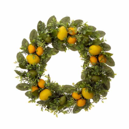 Glitzhome Wooden Window Frame with Greenery Lemmon Wreath Perspective: top