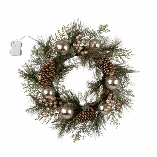 Glitzhome LED Pre-Lit Pinecone & Ornament Wreath  Wooden Window Frame Perspective: top