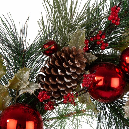 Glitzhome Wooden Window Frame & Pre-Lit LED Pinecone & Ornament Wreath Perspective: top