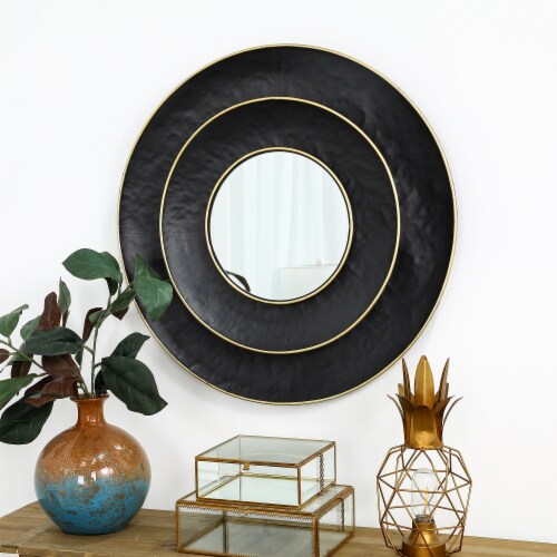 Glitzhome Round Metal Wall Mirror - Black/Gold Perspective: top