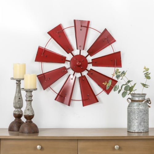 Glitzhome Rustic Farmhouse Round Metal Windmill Wall Decor, Country Farm Home Decoration Perspective: top