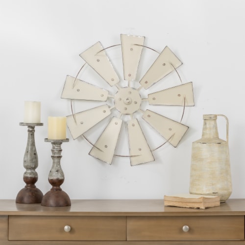 Glitzhome Rustic Farmhouse Round Metal Windmill Wall Decor, Country Farm Home Decoration Perspective: top