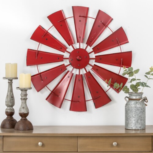 Glitzhome Rustic Farmhouse Round Metal Windmill Wall Decor, Country Farm Home Decoration Perspective: top