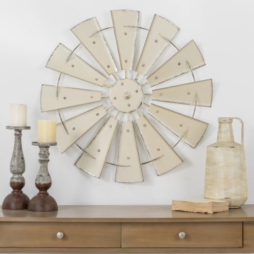 Glitzhome Rustic Farmhouse Round Metal Windmill Wall Decor, Country Farm Home Decoration Perspective: top