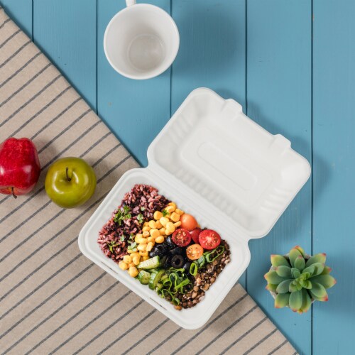 Glitzhome 9 Inch White Sugarcane Clamshell Containers, 300 Pack Perspective: top