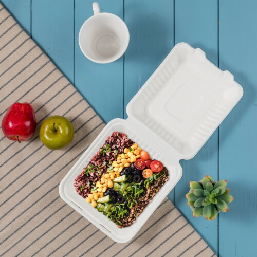 Glitzhome 8 Inch White Sugarcane Clamshell Containers, 300 Pack Perspective: top