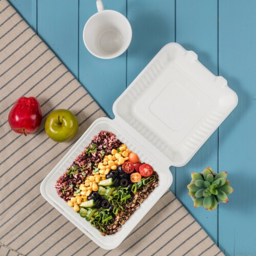 Glitzhome 9 Inch White Sugarcane Clamshell Containers, 300 Pack Perspective: top