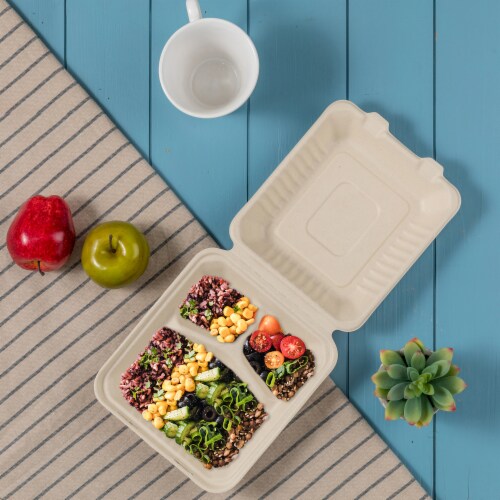 Glitzhome 8 Inch Natural Sugarcane Sectional Clamshell Containers, 300 Pack Perspective: top
