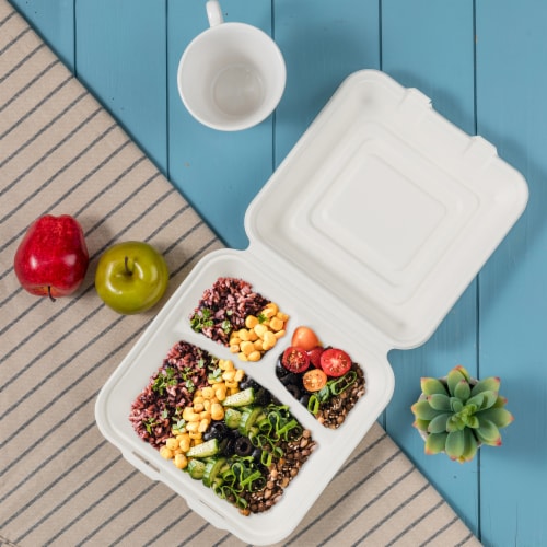 Glitzhome 10 Inch White Sugarcane Sectional Clamshell Containers, 300 Pack Perspective: top