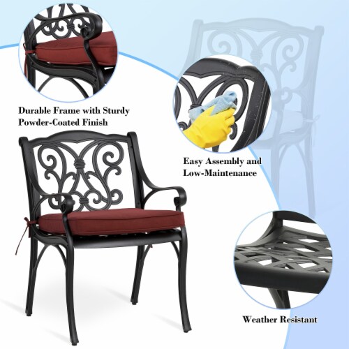 Glitzhome Set of Two Cast Aluminum Dining Chairs with Wine Red Cushions and Beige Covers Perspective: top