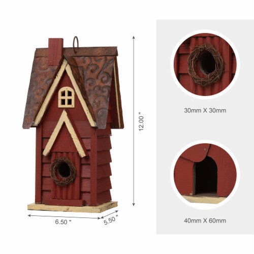 Glitzhome Hanging Distressed Wooden Cottage Birdhouse - Red Perspective: top