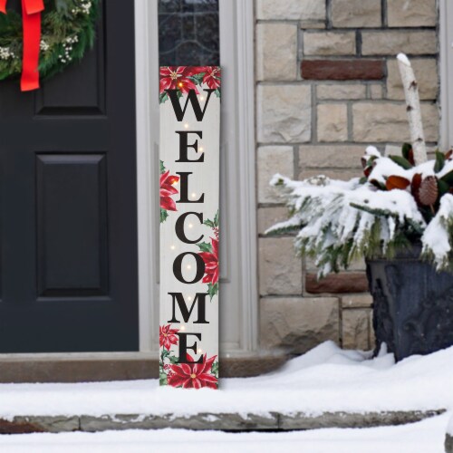 Glitzhome Poinsettia Lighted Wooded Welcome Sign Perspective: top