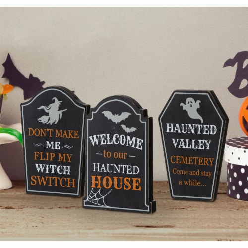 Glitzhome Set of Three 7 Inch Tall Halloween Wooden Tombstone Table Sign Perspective: top