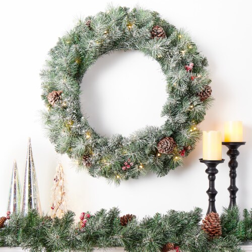 Glitzhome 30 Inch Pre-Lit Glittered Pine Cone Christmas Wreath with 50 Warm White Lights Perspective: top