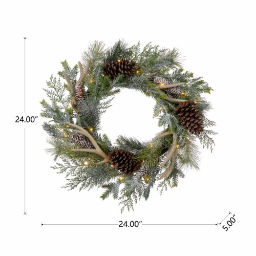 Glitzhome Flocked Pinecone & Antler Wreath with Warm White LED Lights Perspective: top
