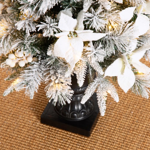 Glitzhome 4 Feet Flocked Pine Poinsettia Faux Christmas Porch Tree with 100 Warm White Lights Perspective: top