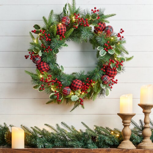 Glitzhome 24 Inch Diameter Ornament Berry Holly Pine Wreath With Lights Perspective: top