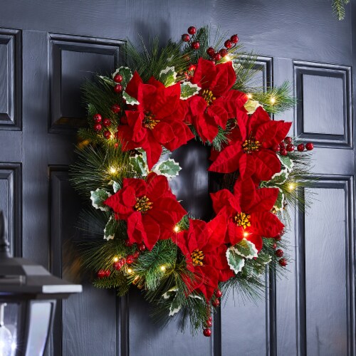 Glitzhome Poinsettia Pinecone Wreath with Lights Perspective: top