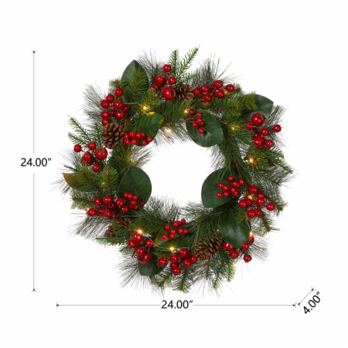 Glitzhome 24 Inch Diameter Berry Magnolia Leaf Pinecone Wreath With Lights Perspective: top