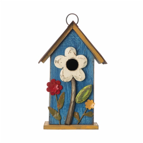 Glitzhome Decorative Wooden Birdhouse Rustic Hand-Painted Garden Decoration, Blue Perspective: top