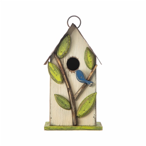 Glitzhome 9.75 Washed White Bird House with 3D Tree and Bird Perspective: top