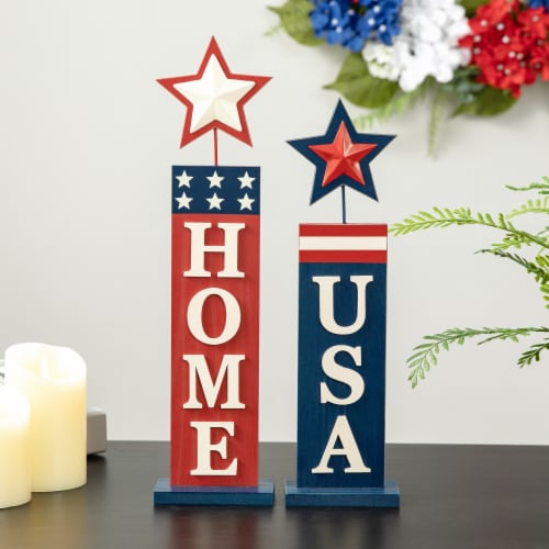 Glitzhome Set of 2 Wooden Patriotic/Americana Firecracker Table Sign Perspective: top