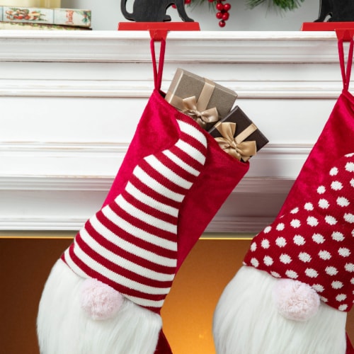 Glitzhome Set of Two 21.75 Inch Tall 3D Fabric Christmas Gnome Stripes & Dots Stocking Perspective: top