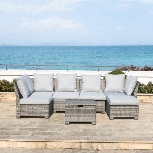 Glitzhome 7-Piece Patio Furniture Set All-Weather Gray Wicker Sectional Sofa and Table Perspective: top