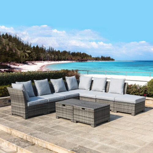 Glitzhome 9-Piece Patio Furniture Set All-Weather Gray Wicker Sectional Sofa and Table Perspective: top