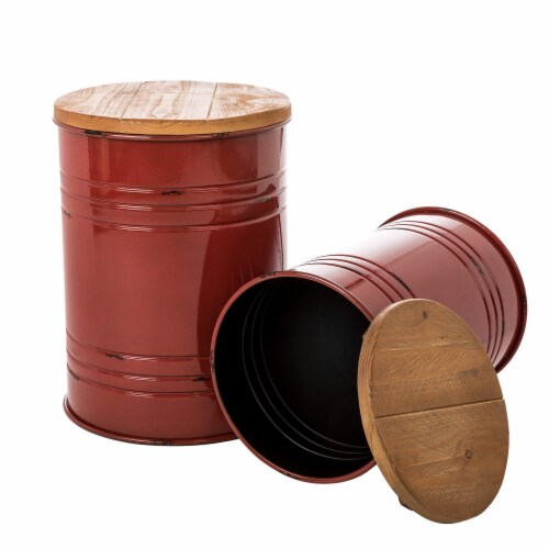 Glitzhome Set of Two Rustic Farmhouse End Table with Metal Accent Barrel and Wood Lid Perspective: top