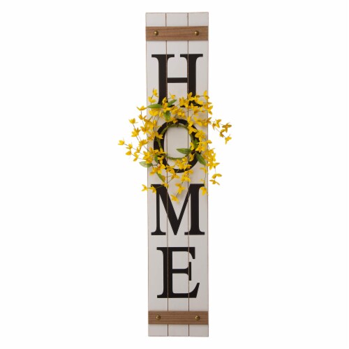 Glitzhome 8 Inch x 42 Inch Tall Wooden Home Porch Sign with 3 Changeable Wreaths - White Perspective: top