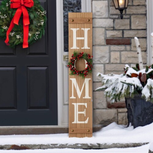 Glitzhome 8 Inch x 42 Inch Tall Wooden Home Porch Sign with 3 Changeable Wreaths - Natural Perspective: top
