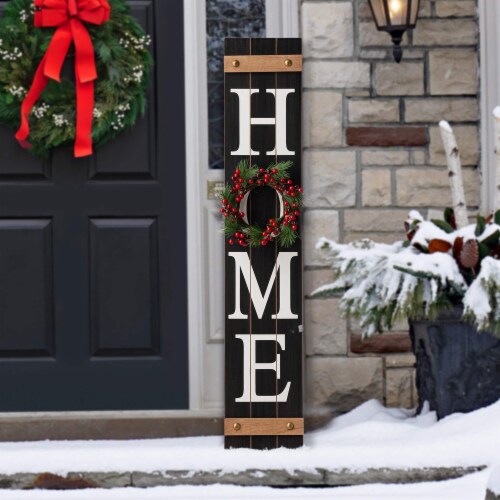 Glitzhome 8 Inch x 42 Inch Tall Wooden Home Porch Sign with 3 Changeable Wreaths - Black Perspective: top
