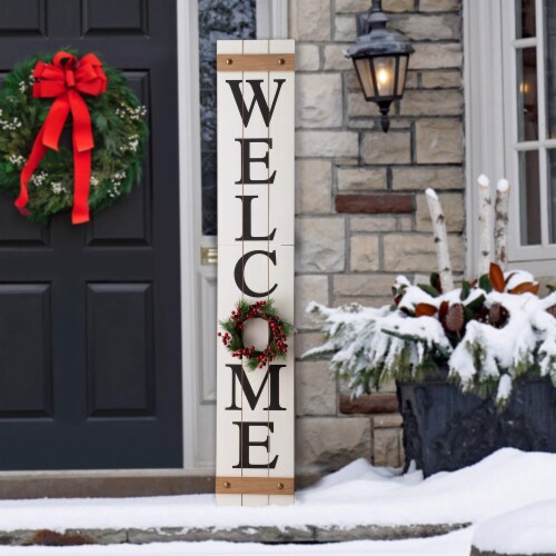 Glitzhome 60 Inch Wooden Welcome Porch Sign with 4 Changeable Wreaths - White Perspective: top