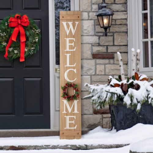 Glitzhome 60 Inch Wooden Welcome Porch Sign with 4 Changeable Wreaths - Natural Wood Perspective: top