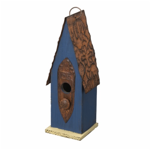 Glitzhome 13.25 Inch Tall Retro Blue Distressed Solid Wood Birdhouse Perspective: top