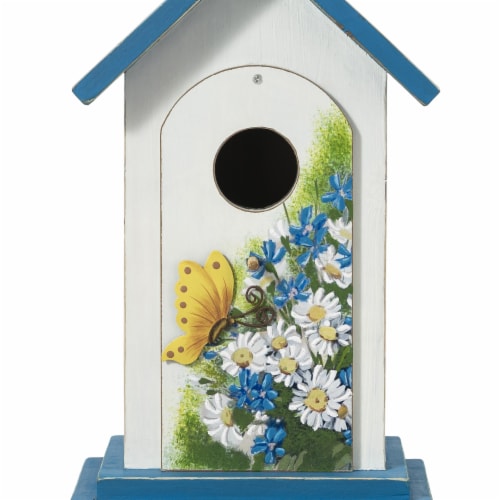 Glitzhome 11.75 H Distressed Solid Wood Daisy with Butterfly Birdhouses Perspective: top
