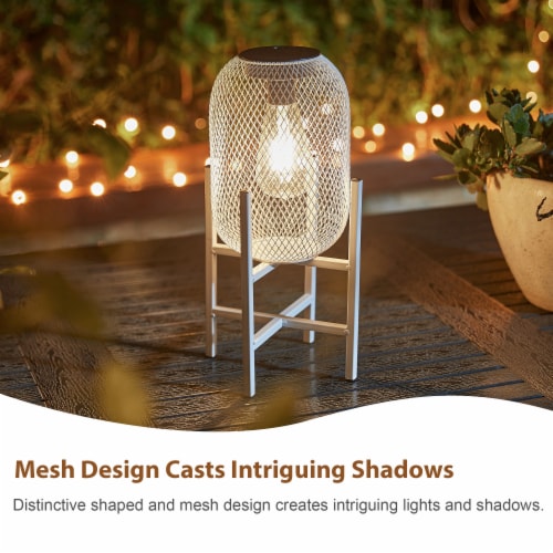 Glitzhome Set of Two 14.25 Inch H Solar Powered Outdoor Lantern White Metal Mesh with Stand Perspective: top