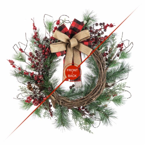 Glitzhome 24 Inch Diameter Frosted Berry, Pine with Bowknot Wreath Perspective: top